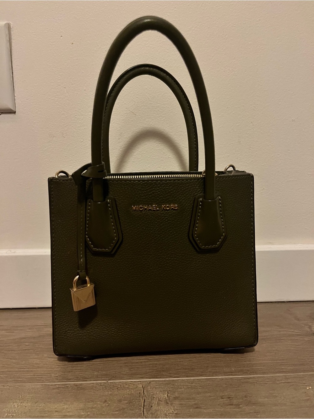Michael Kors Olive Leather Mini Satchel with Gold Padlock